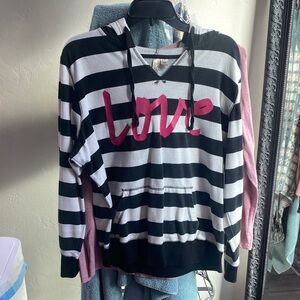 Striped Black and White Hoodie with Pink 'Love' Graphic